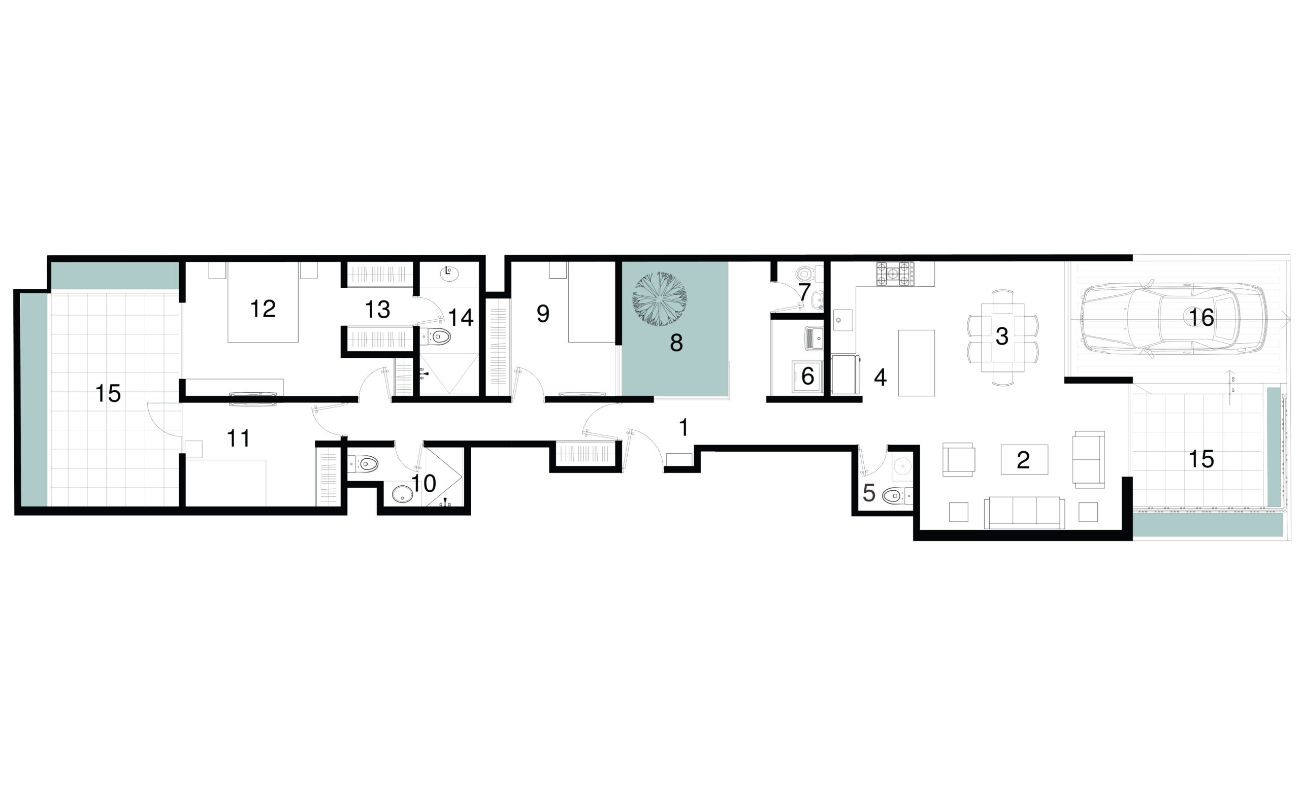 Plano del departamento 101, garden house con tres dormitorios , sala comedor cocina integrados cochera integrada jardin y patio
