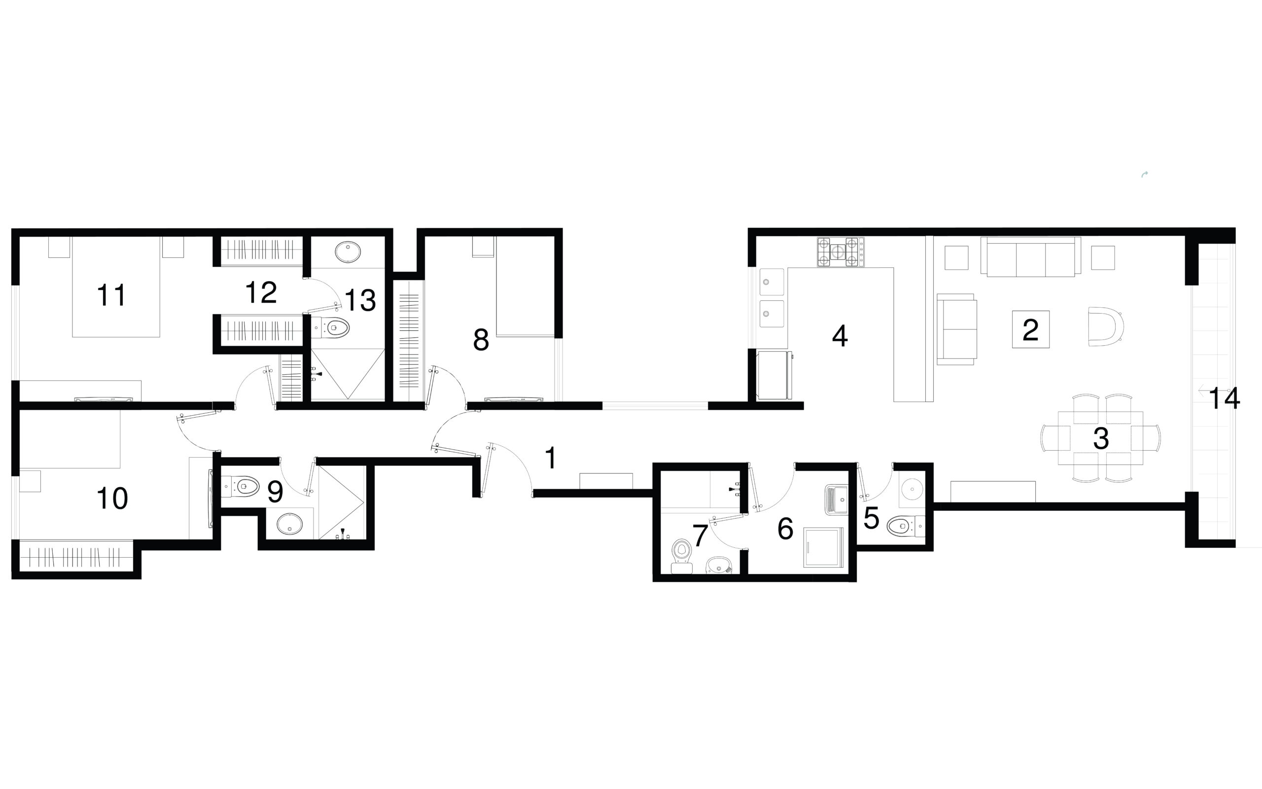 Departamento 201. Piso 02, flat de 120.43 m2. Tiene 03 habitaciones. Habitación principal con Walk In Closet y baño incorporado; habitaciones secundarias comparten baño familiar. Hay un baño de visita ubicado en la zona social del departamento. Tiene balcón donde puede entrar un kamado de 19".